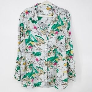 Cynthia Rowley White Printed Button-Up Blouse with Green and Pink Accents